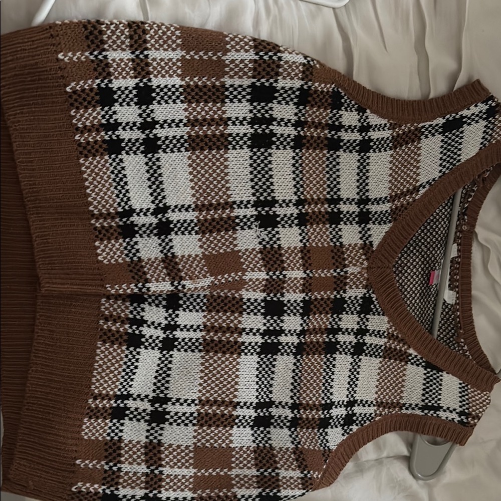 Plaid Brown and White Women's Sweater Vest